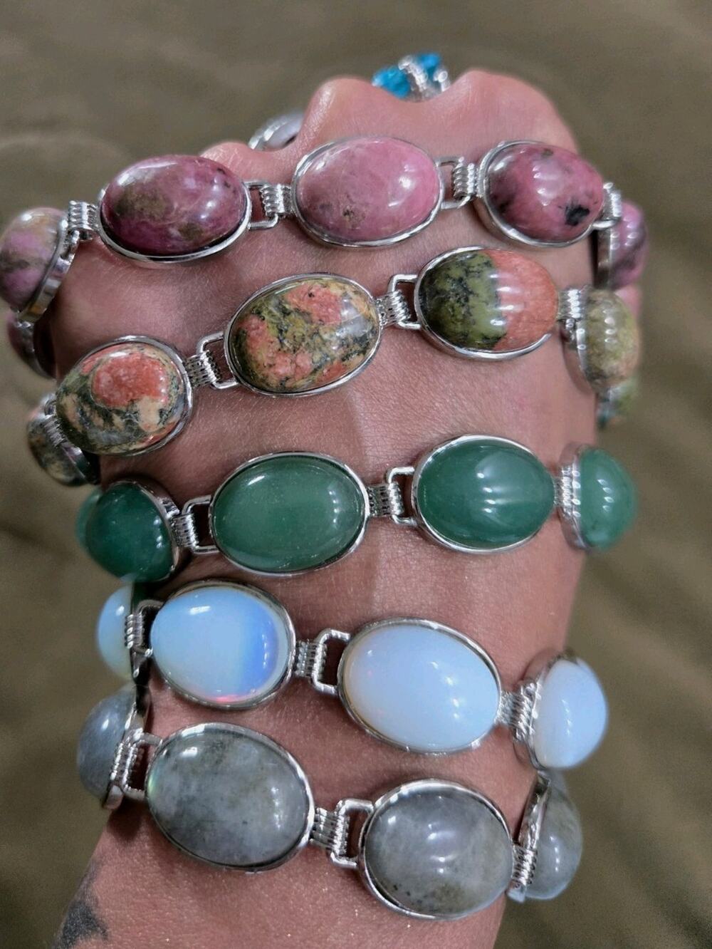 Lot 5 Boho gemstone Costume Stone beaded Bracelets Silvertone adjustable